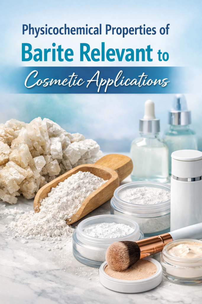 Physicochemical Properties of Barite Relevant to Cosmetic Applications Abstract Barite (barium sulfate, BaSO₄) is a naturally occurring mineral widely used in industrial applications and increasingly explored in cosmetic formulations. Its chemical inertness, high density, whiteness, and fine particle adaptability make it suitable as an opacifying and texturizing agent in cosmetic products. This article reviews the physicochemical properties of barite and discusses their relevance to cosmetic applications. 1. Introduction Barite is composed primarily of barium sulfate (BaSO₄). It is valued for its high specific gravity, chemical stability, and optical properties. While traditionally used in drilling fluids, paints, plastics, and medical imaging, barite also has potential in cosmetic formulations due to its safety profile and functional characteristics. 2. Chemical Composition and Structure Chemical Formula: BaSO₄ Molecular Weight: 233.39 g/mol Crystal System: Orthorhombic Solubility: Practically insoluble in water Chemical Stability: Highly stable under normal conditions The insolubility of barium sulfate is critical for cosmetic safety, as it prevents absorption through the skin and minimizes toxicity risks. 3. Physical Properties Relevant to Cosmetics 3.1 Particle Size and Texture Barite can be micronized into extremely fine particles. Fine particle size improves smoothness, blendability, and overall sensory performance in cosmetic formulations such as pressed powders and foundations. 3.2 Whiteness and Opacity Physicochemical Properties of Barite Relevant to Cosmetic Applications